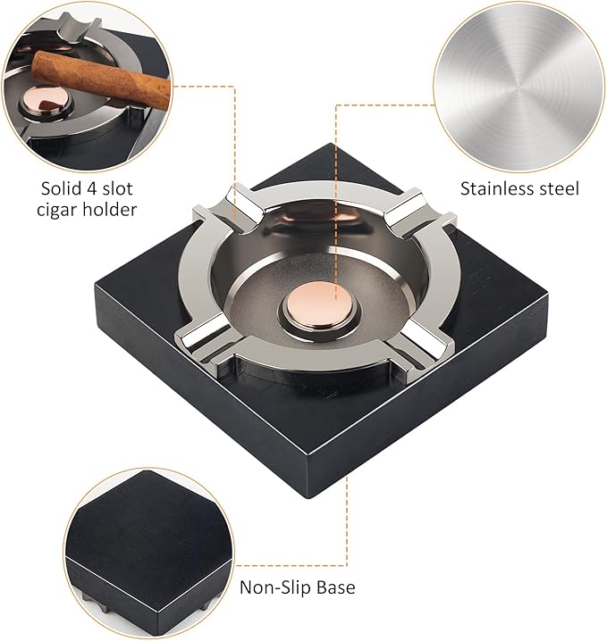 Cigar Ashtray,Cool Ashtrays Cigar Gifts for Men,Metal Cigar Tray with Solid Wood Base Black Ash tray for Home/Office/Bar/Patio Decor(Black)