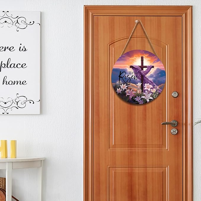 Harooni He is Risen Easter Wreaths for Front Door Decor He is Risen Sign Religious Floral Cross Door Wreath He Has Risen Easter Wooden Decorations 12in Spring Easter Door Hanger for Home Wall Proch