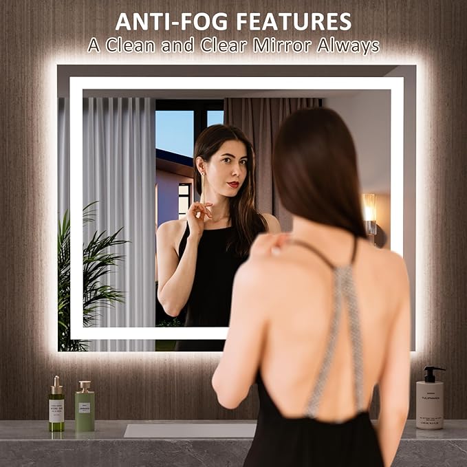 LOAAO 39.4"x31.5" LED Mirror for Bathroom, Lighted Bathroom Mirror with Lights, Anti-Fog, Dimmable, Memory Function, Clear Reflection