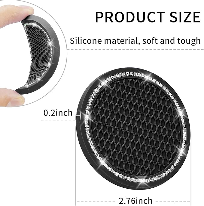 Car Coasters, 4 Pack Universal Vehicle Bling Car Coaster, COCASES Crystal Rhinestone Coaster for Cup Holders, Car Interior Accessories 2.75'' Silicone Anti Slip Car Coasters for Women (Black)