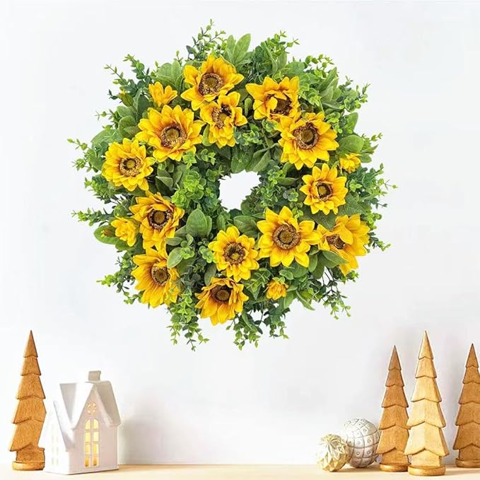 20 Inch Spring Sunflower Wreath for Front Door - Artificial Yellow Floral Front Door Decor with Sunflowers and Green Leaves, Cheerful Farmhouse Porch Indoor Outdoor for All Seasons Decor