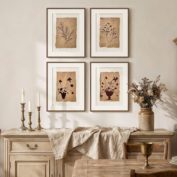Framed Vintage Botanical Wall Art for Bedroom, 4 Piece Floral Brown Farmhouse Bathroom Picture Prints, Neutral Rustic Minimalist Botanical Artwork for Dining Room Fireplace Apartment Walls, 11x14 In