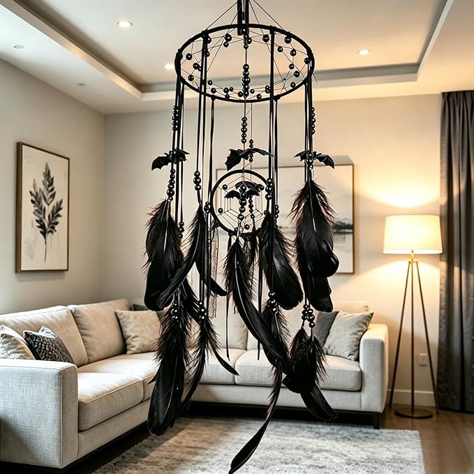 Halloween Gothic Black Dreamcatcher with 5 Bat Ornaments - Wall Hanging for Witchy Home Outdoor Decor, Halloween Bat Decor, Dark Gothic Gift, Goth Wall Hanging Decor