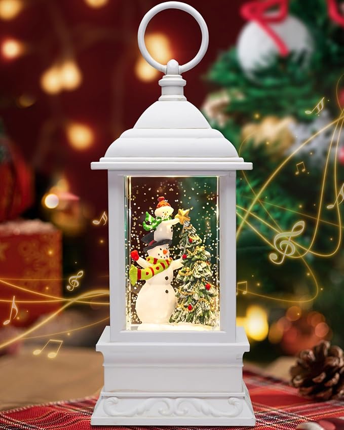 Christmas Snowman Snow Globe Light up Lantern with 8 Songs, 10.83" White Christmas Snow Globes for Kids Adults, 6H Timer & Dual Power, Snowglobes Christmas Decorations Indoor, Gifts for Women Men