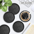 ME.FAN Silicone Coasters with Holder,[6 Pack] Drinking Coasters - Cup Mat for Hot or Cold Drinks, Thickened, Non-Slip, Non-Stick,Deep Tray Black