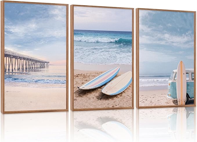 KAlRNE Coastal Beach Wall Art Set of 3(16’’X24’’),Framed Pastel Ocean Canvas Prints with Surfboards,Surf Prints,Neutral Retro Beachy Framed Art Decor for Living Room Bedroom Office