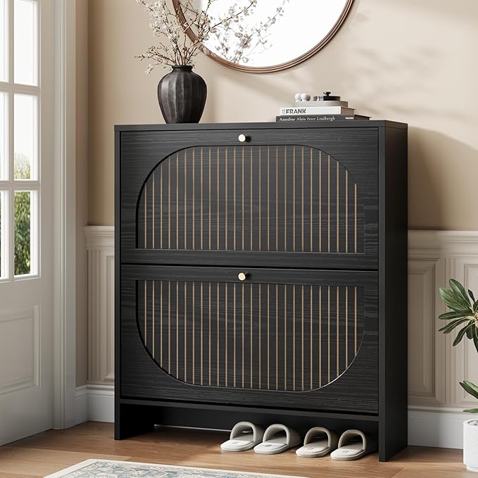 Nicetree Arch-Chic Shoe Cabinet for Entryway, Modern Mid-Century Shoe Storage Cabinet with Fluted, Narrow Shoe Rack with Adjustable Shelves & Tipping Protection, Fits Size 12 Shoes,Black