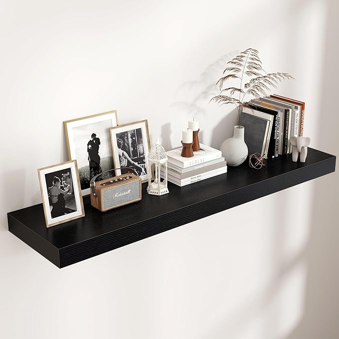 Venusmiles Floating Shelves for Wall, 48 Inch Wide x 12 Inch Deep Floating Shelves, Long Wood Floating Wall Shelf Shelves for Living Room Bathroom Bedroom Kitchen Home - (Black, 48" W x 12" D x 2" H)