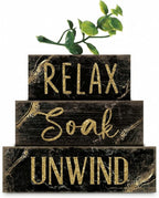 Moucuny 4 Pcs Black and Gold Bathroom Shelf Decor Sign Farmhouse Bathroom Decor and Accessories Rustic Eucalyptus Leaves Block Sign Gift Relax Soak Unwind Farmhouse Table Centerpiece for Home Toilet
