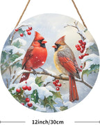 Harooni Winter Welcome Sign for Front Door, Cardinal Bird Wood Door Hanger for Outdoor Outside Porch, Christmas Cardinal Round Hanging Signs Holiday Decorations for Home Wall Porch Yard Farmhouse