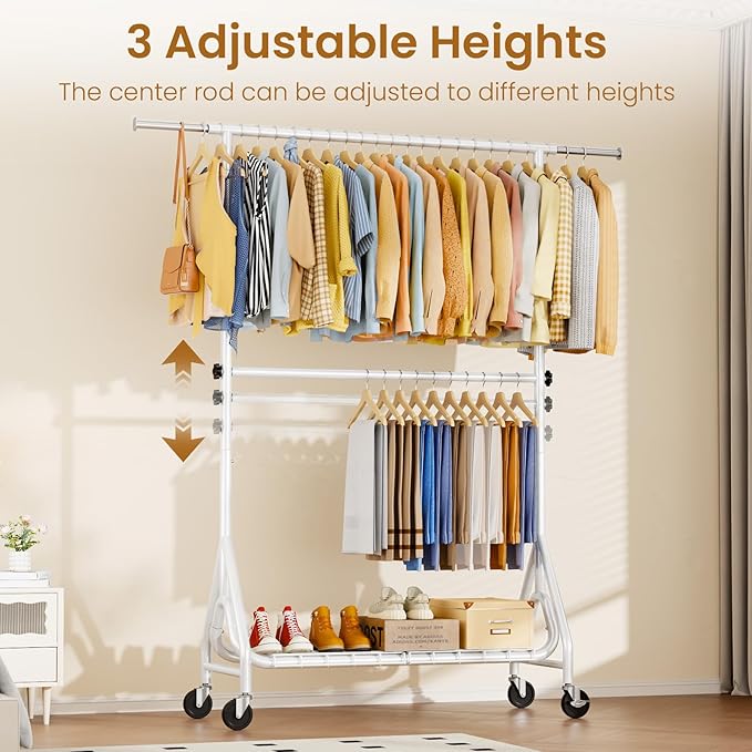 Heavy Duty Clothes Rack for Hanging Clothes, Double Rods Clothing Rack with Lockable Wheels, Rolling Garment Racks with Shelf, Easy to Assemble, White