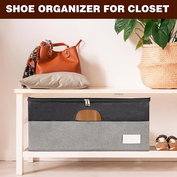 2 Pack Shoe Organizer for Closet, Adjustable Shoe Box Storage Containers, Large Foldable Shoe Bins with Clear Cover, Space Saving Shoes Holder with 4 Handles, Fits 24-48 Pairs, Black