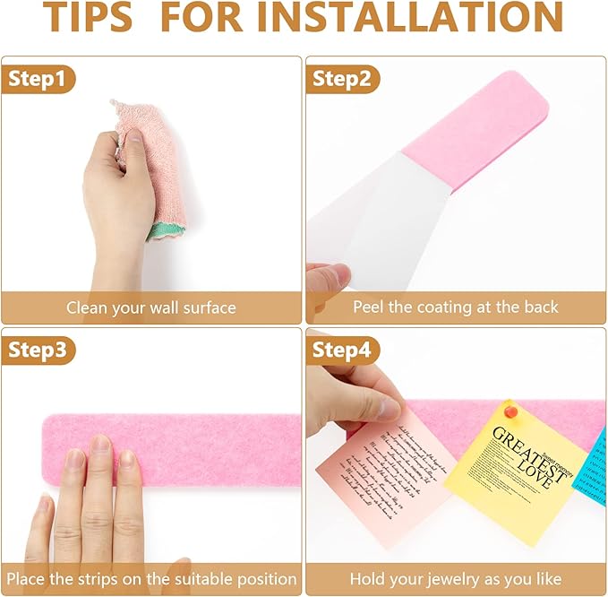 8 Packs Felt Pin Board Bar Strips Bulletin Board for Bedrooms Offices Home Wall Decoration, Notice Board Self Adhesive Cork Board with 50 Push Pins for Paste Notes, Photos, Schedules