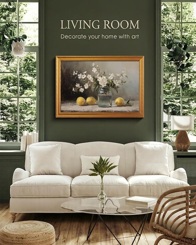 VIYYIEA Vintage Large Framed Wall Art for Living Room, Flowers Canvas Prints Home Decor, Oil Painting Picture, Bedroom Wall Decor Gifts for Friends or Family -【Lemons and Blossoms】-(24L x 16W)
