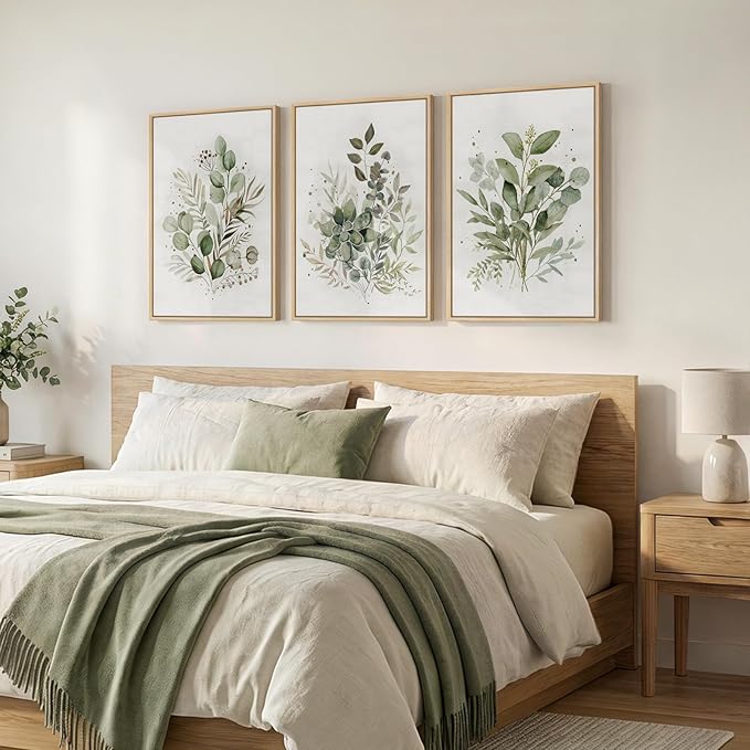 Framed Botanical Wall Art for Living Room, 3 Piece Neutral Sage Green Eucalyptus Leaf Canvas Prints, Modern Minimalist Watercolor Plant Pictures for Dining Room Bedroom Office Wall Decor, 16x24 inch