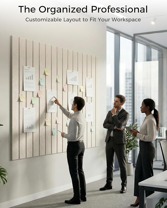 Aothia Felt Bulletin Board Tiles Large 48" x 36" Cork Board Alternative - 12-Pack with 70 Adhesive Tabs, Thick Slat Wall Panels for Office Decor, Push Pin Board Wall Organizer Alternative - Oatmeal