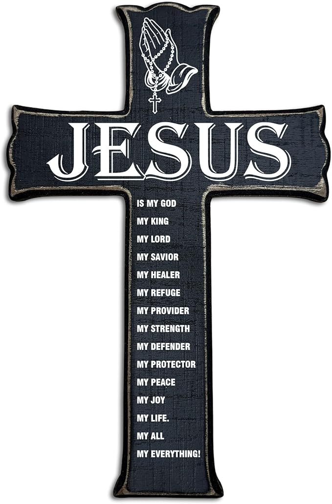 Cross Wall Decor - Black Scripture Wooden Cross For Wall - Gothic Wooden Hanging Signs Christian Easter Decor for Home Office Church Baptism - Christian Gifts for Men Women (Jesus) - A08
