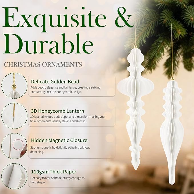 6Pcs White Finial Christmas Ornaments for Tree, 3D Paper Honeycomb Hanging Decorations Vintage Christmas Honeycomb Ornaments Lanterns for Xmas Tree Winter Wedding New Year Holiday Party Home Decor