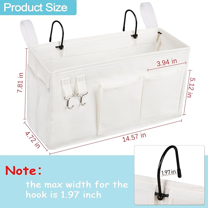 Loghot Bedside Caddy/Bedside Storage Bag Hanging Organizer for Bunk and Hospital Beds,Dorm Rooms Bed Rails,Can be Placed Glasses,Books,Mobile Phones,Keys (White)