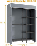 F2C Clothes Rack with Cover, Clothing Racks for Hanging Clothes, Heavy Duty Garment Rack with Shelves and Hanger Rods, Black Closet with Gray Cover, 47.2" W x 16.5" D x 78.3" H, Load 630lbs