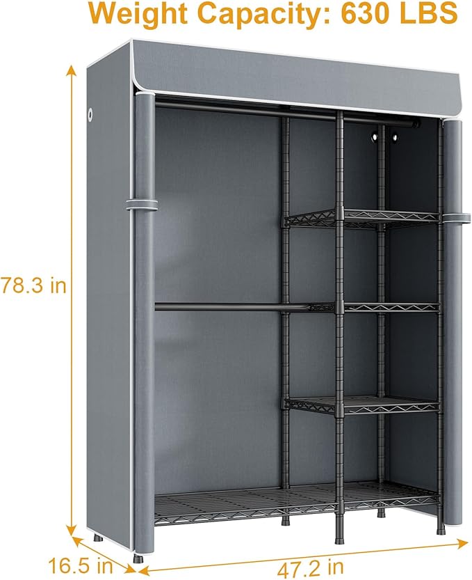 F2C Clothes Rack with Cover, Clothing Racks for Hanging Clothes, Heavy Duty Garment Rack with Shelves and Hanger Rods, Black Closet with Gray Cover, 47.2" W x 16.5" D x 78.3" H, Load 630lbs
