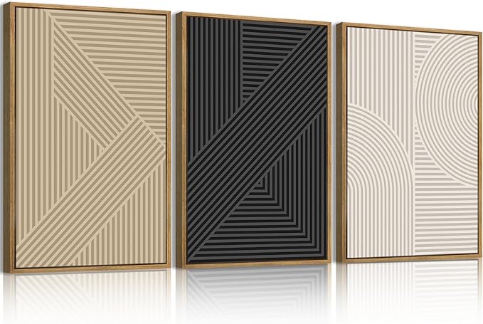 Large Neutral Abstract Wall Art Framed Mid Century Modern Canvas Paintings Artwork Geometric Wall Decor Modern Abstract Artwork Minimalist Art Prints Boho Home Decor for Living Room Bedroom Bathroom Office 36x24 Inch Set of 3