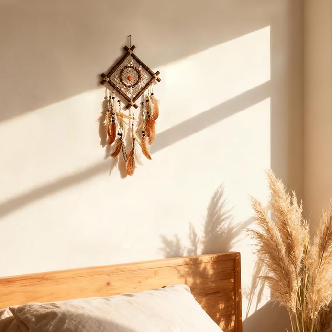 Dream Catcher Native American Boho Dreamcatcher Rattan Wood Wall Decor, Handmade Natural Dream Catchers with Healing Crystal Stone Feathers Ornament Indian Decor for Bedroom Living Room