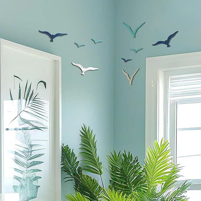 Wesiti 11 Pcs Wooden Seagull Wall Decor Nautical Theme Beach Coastal Art Small Seagull Sea Birds Wall Decor Ocean Adhesive Sculpture Vintage Ornaments for Home Bathroom(Brown Blue White)