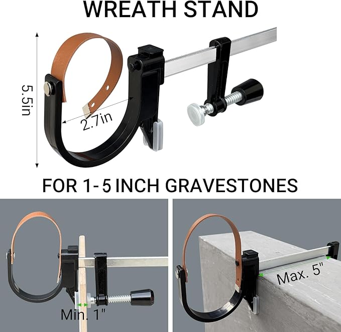 Graves Wreath Hanger,2 Packs Galvanise Headstone Wreath Stand, - Sturdy Steel with Locking Buckle,Easily Holds 20 lbs,Fit 1 to 5 Wide Inches Gravestones,Cemetery Decoratio,Black,Never Blown Away