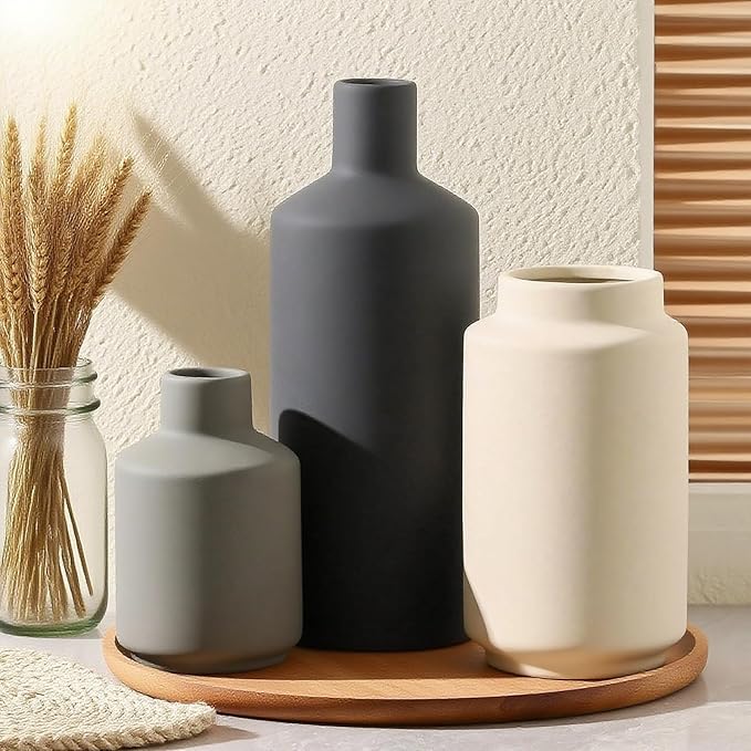Textured Ceramic Vase Set of 3, Neutral Modern Farmhouse Decor for Pampas Grass Dried Flowers, Neutral Beige & Gray Pottery Vases for Living Room, Mantel, Shelf, Bedroom, Bathroom