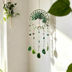 Tree Life Dream Catcher and Sun Catcher, Handmade Healing Crystal Boho Window Hanging for Home Decor, Rainbow Maker Wall Decor, for Women, Housewarming (Green)