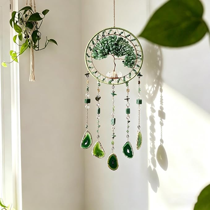 Tree Life Dream Catcher and Sun Catcher, Handmade Healing Crystal Boho Window Hanging for Home Decor, Rainbow Maker Wall Decor, for Women, Housewarming (Green)