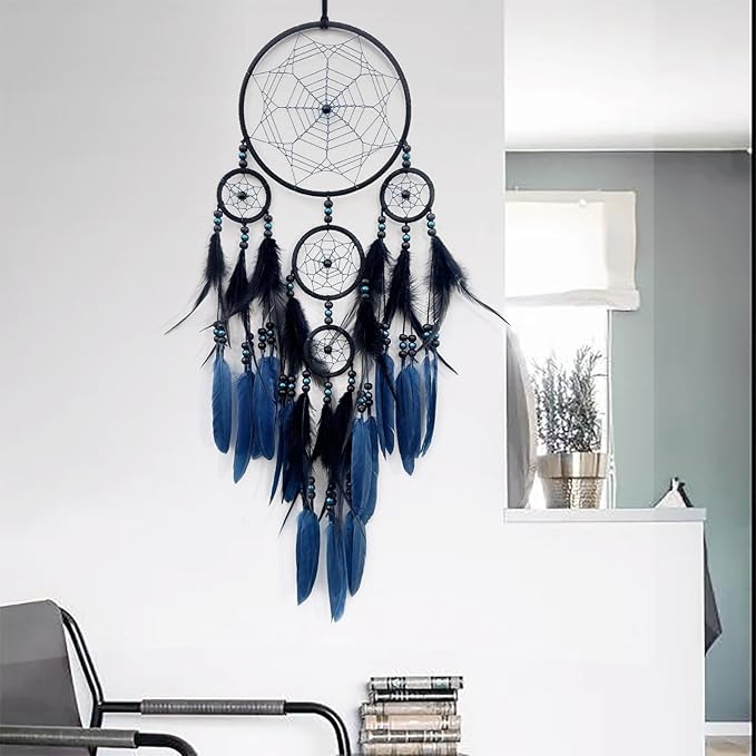 Blue and Black Dream Catcher Large Dream Catchers Wall Decor Handmade Feather Dreamcatcher Wall Hanging Ornament for Bedroom Living Room Home Decor