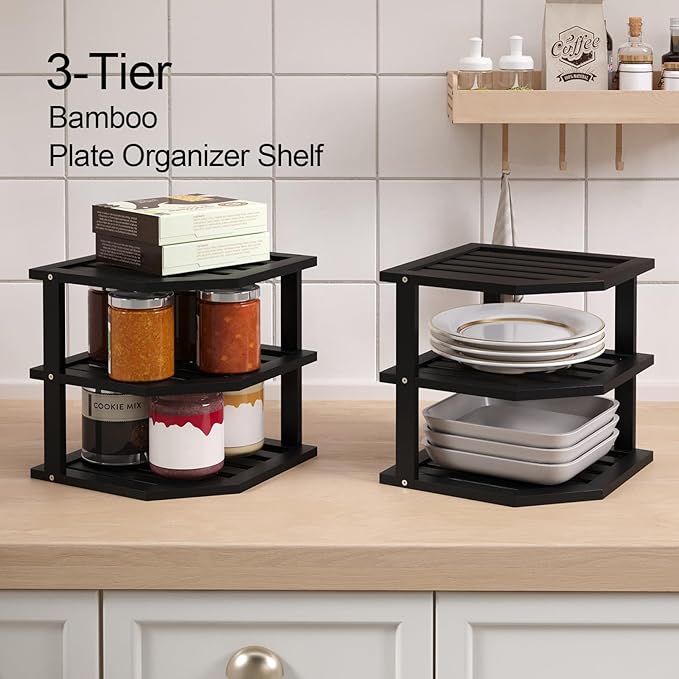 VERTORGAN 3 Tier Bamboo Corner Shelf(4 Pack),Dish Drying Rack,Plate Organizer,Kitchen Spice Rack for Countertop and Cabinet(Black)