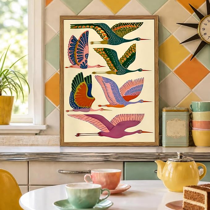 Framed Colorful Bird Wall Art, Vintage Flying Heron Pictures Wall Decor, Mid Century Modern Animal Paintings Canvas Prints Abstract Home Decor Aesthetic Artwork for Living Room Bedroom 16x24 inch