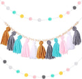 Syhood 3 Pcs Boho Tassel Garland Wall Hanging Decor 1 Boho Tassel Garland with Wood Beads and 2 Western Colorful Pom Pom Ball for Classroom Party Wedding Baby Shower Home Decorations(Simple Colors)