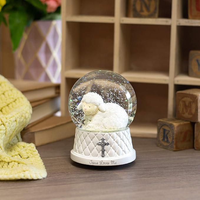 DEMDACO Jesus Loves Me Musical Water Globe - Lamb Snow Globe - Baby Blessing Keepsake - Small Silver Cross - Religious Gift for Kids - Resin & Stone - Great for Blessings & Celebrations