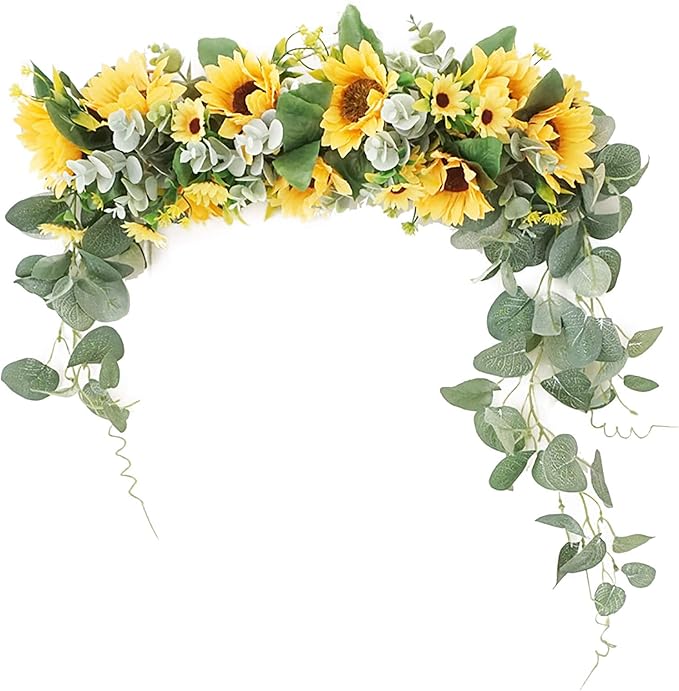 Artificial Sunflower Swag, 17.7inch Decorative Flower Swag Wedding Arch Decor, Fake Flower Wreath Sunflower Swag Garland, Green Leaves Hanging Ornament Floral Swag Door Swag for Wedding Home(Yellow)
