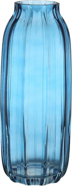Blue Glass Vase for Flowers Bud Tall Glass Vases,H-12.0" Simple Striped Design for Home Floor Decor,Farmhouse Decor, Centerpiece Coffee Table Decorations (Blue 12.0IN)