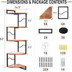 HAAYOT Corner Shelf Wall Mounted with Lights, 5-Tier Floating Metal Shelves for Living Room, Bedroom, Rustic Brown