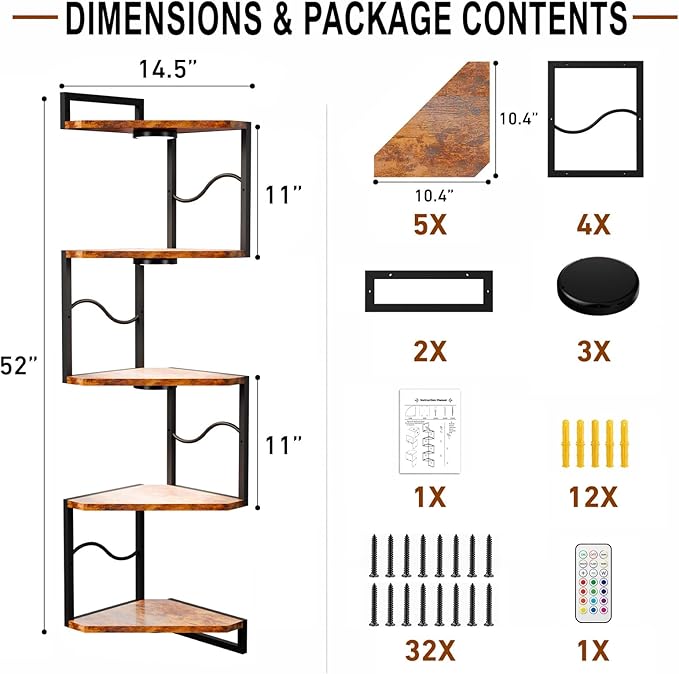 HAAYOT Corner Shelf Wall Mounted with Lights, 5-Tier Floating Metal Shelves for Living Room, Bedroom, Rustic Brown