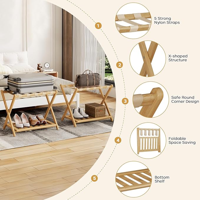 Full Assembled 26.77"L Luggage Rack for Guest Room, Set of 1 Foldable Suitcase Stand with 5 Nylon Straps, Luggage Holder with Shoe Shelf for Suitcases, Hotel (Natural Wood Bamboo Luggage Stands)