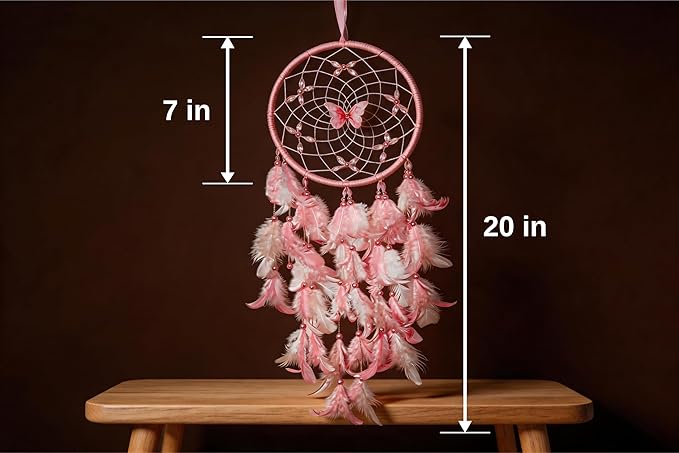 Dream Catcher for Girls – Butterfly Center, Pink & White Mixed Feathers & Clear Beads, Pink Decor for Bedroom, Comes with a Decorative Box & White Raffia