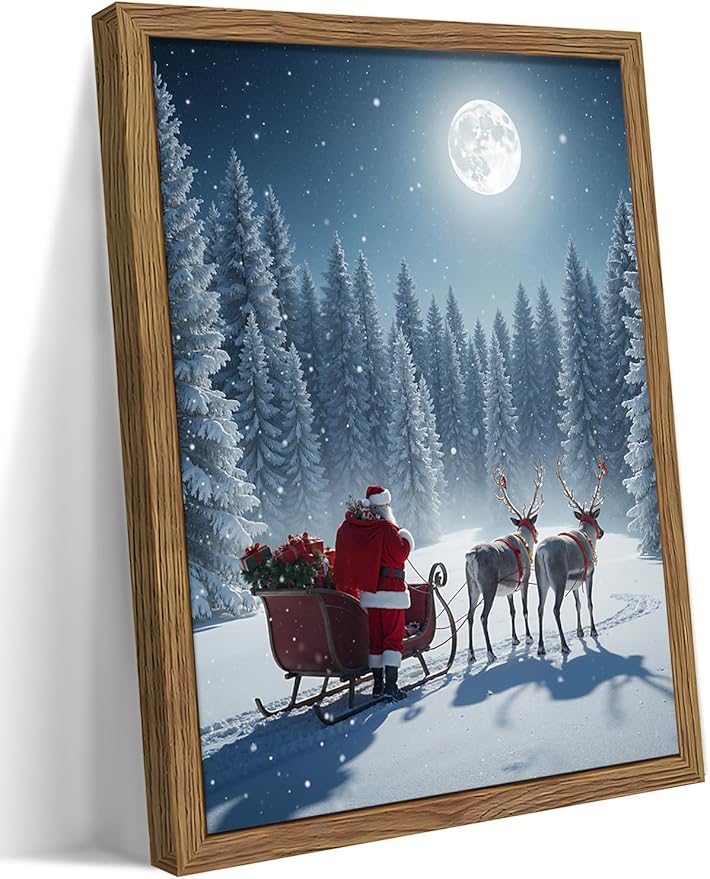 Framed Christmas Wall Decor, Santa Claus Delivering Christmas Gifts Canvas Prints Winter Holidays Pine Trees Wall Art Night Sky Reindeer Snow Scene Artwork for Living Room – 16x24in