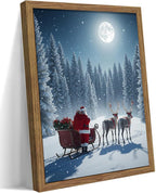 Framed Christmas Wall Decor, Santa Claus Delivering Christmas Gifts Canvas Prints Winter Holidays Pine Trees Wall Art Night Sky Reindeer Snow Scene Artwork for Living Room – 16x24in