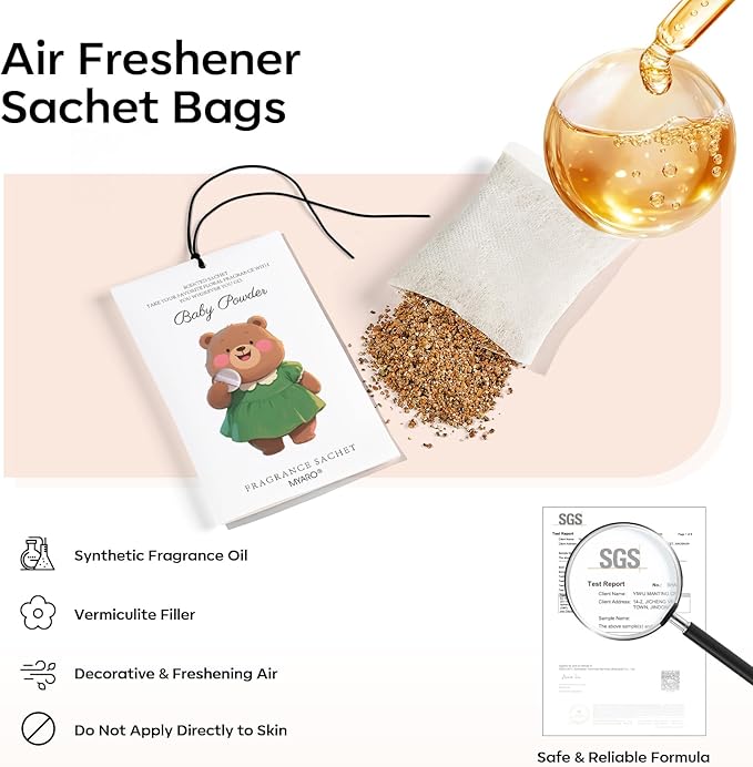 MYARO 12 Packs Baby Powder Scent Sachets Room Air Freshener for Closet Drawer Clothes Storage Small Space Odor Eliminator