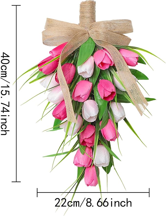 Spring Swags for Front Door Artifical Tulips Teardrop Swag with Burlap Bow Hanging Decorative Easter Wreath for Porch Wall Mother's Day 8.7x15.8 inch