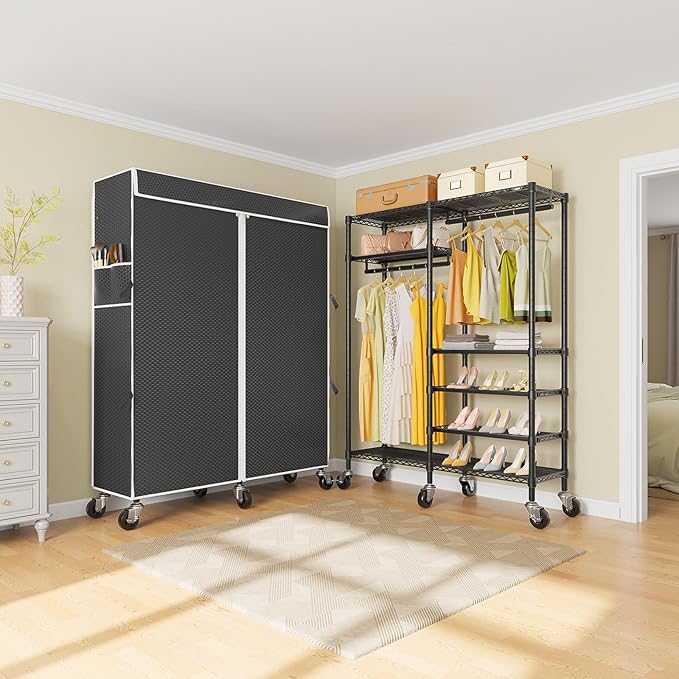 VIPEK R4C Portable Closet Rolling Clothes Rack Heavy Duty Adjustable Wardrobe Metal Garment Racks with Lockable Wheels Black Clothing Rack with Black Upgraded Polyester Cover, Max Load 620lbs