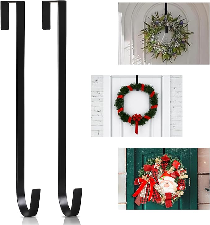 PECULA 2 Pack 14' Wreath Hangers for Front Door, Wreath Hanger 40lb Load-Bearing, Metal Wreath Hanger for Welcome Sign, Door Decorations (Black)