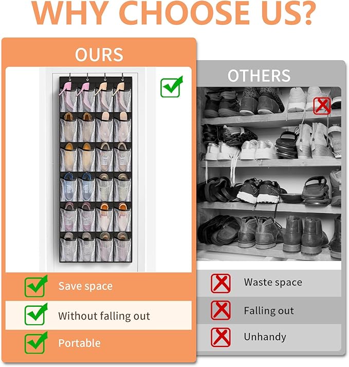 FENTEC 24 Large Pockets Over Door Shoe Organizer, Mesh Hanging Shoe Organizer for Closet Mesh Closet Holder, Back of Door Organizer for Cruise Ships, Rack for Wall, Black, 1 Pack
